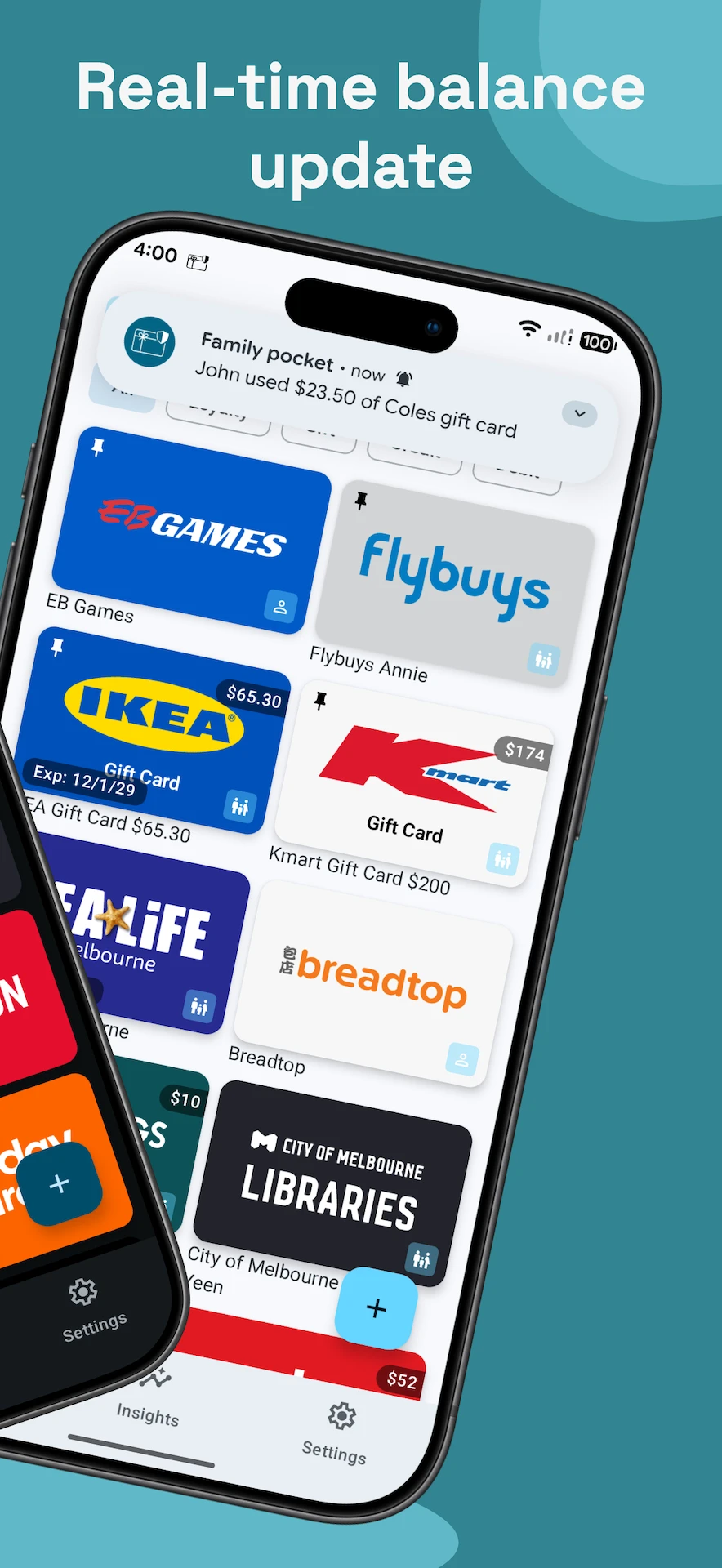 Real-time balance update notification when a family member uses a card