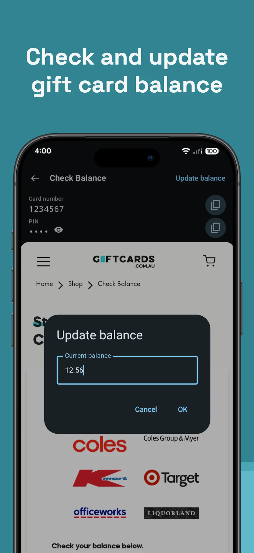 Check and update gift card balance using the built-in browser