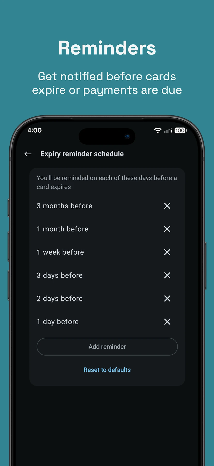 Customizable reminders before cards expire or payments are due